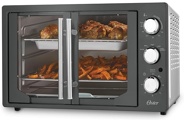 Oster Extra-Large French Door Air Fryer Countertop Oven, Stainless Steel, 60-Min Timer, 6 Cooking Functions, Versatile Access