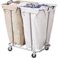 PLKOW Laundry Cart with Wheels 280L Large Laundry Sorter 2 Section for Commercial/Home, Rolling Laundry Cart with Steel Frame and Removable Bag, 8 Bushel, 32.3L x 19.7W x 31.5H Inch