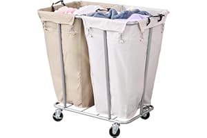 PLKOW Laundry Cart with Wheels 280L Large Laundry Sorter 2 Section for Commercial/Home, Rolling Laundry Cart with Steel Frame and Removable Bag, 8 Bushel, 32.3L x 19.7W x 31.5H Inch