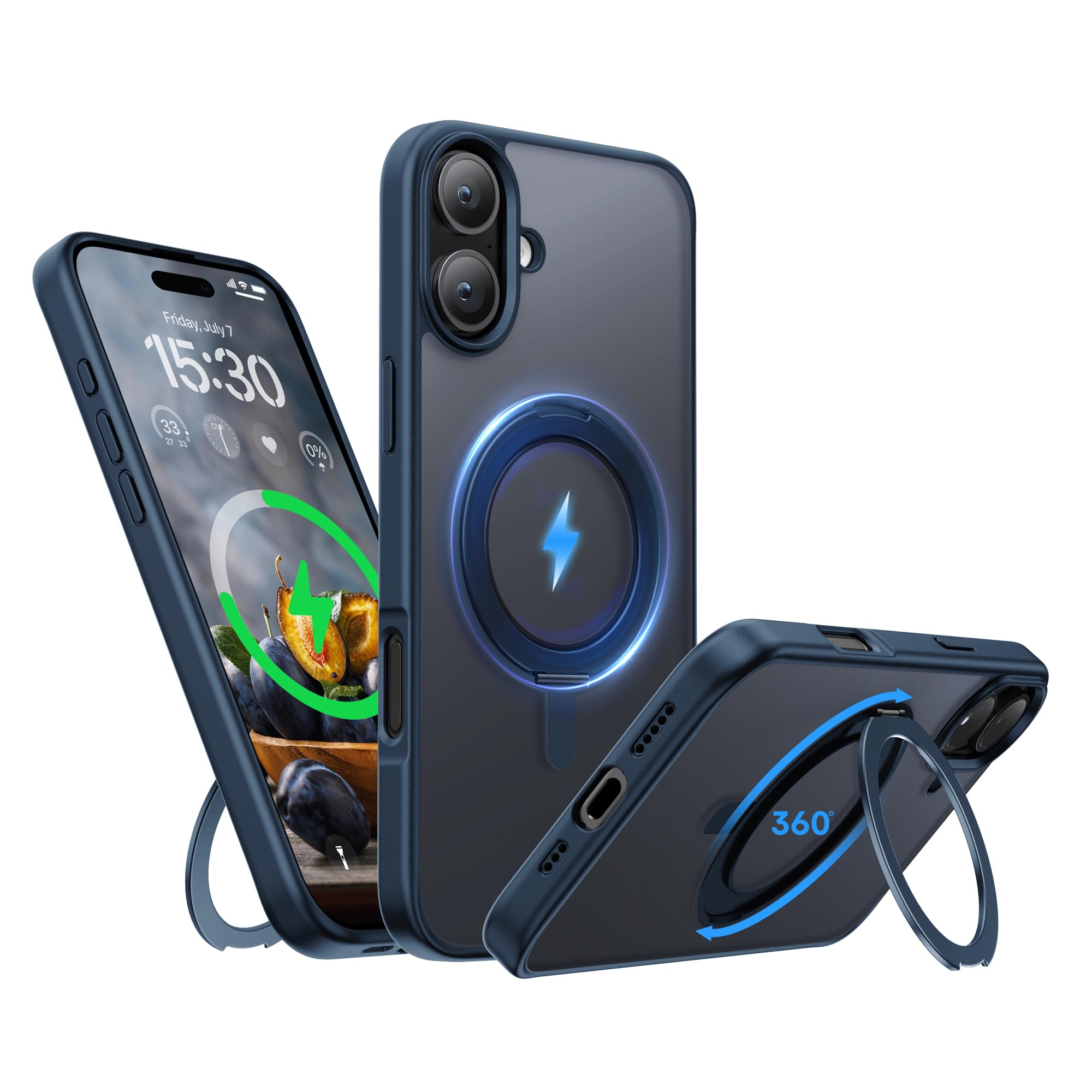 Niunisi Stand for iPhone 16 Case, [Compatible with Mag Safe] 360° Rotatable Ring Holder Kickstand Military Shockproof Protective Case for iPhone 16 6.1 Inch, Blue