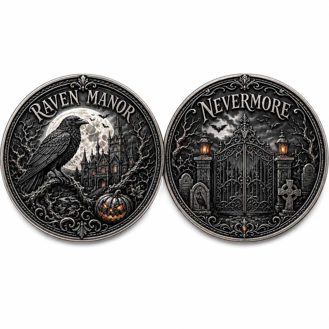 Gothic Halloween Challenge Coin, Raven Manor Collectible Coin, Nevermore Raven Keepsake Token with Haunted Mansion, Moon, Gra