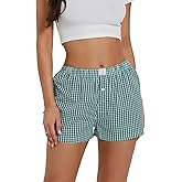 IYOWEL Y2K Boxer Shorts for Womens Low Waist Plaid Lounge Shorts Elastic Cute Gingham Pajamas Bottoms