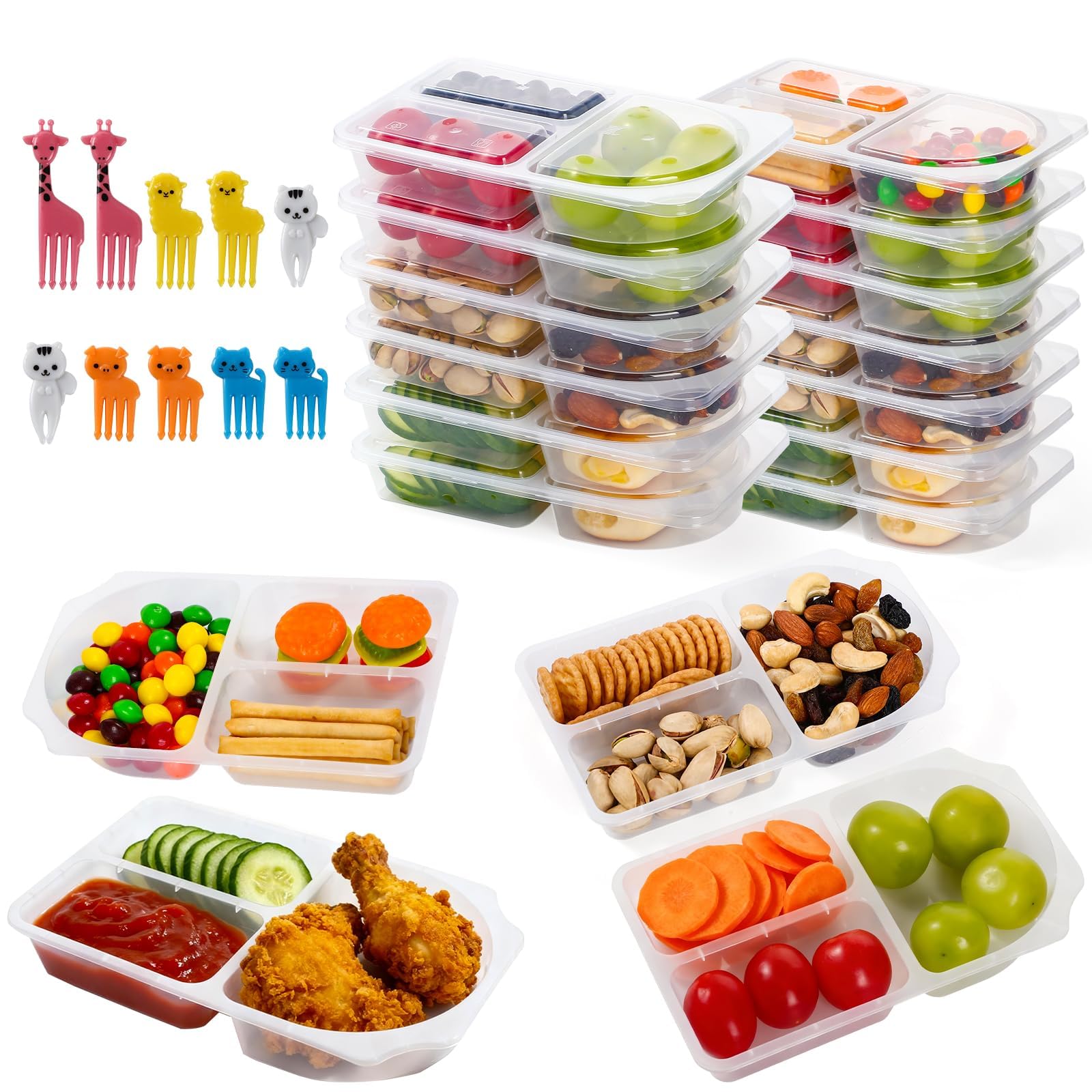Photo 1 of 16 Sets 8.8 OZ Reusable Snack Containers with Lids, New 3-Compartment BPA-Free Portion Control Containers for Kids Lunch, Meal Prep & On-the-Go, Refrigerator & Microwave Safe with 10 Animal Forks