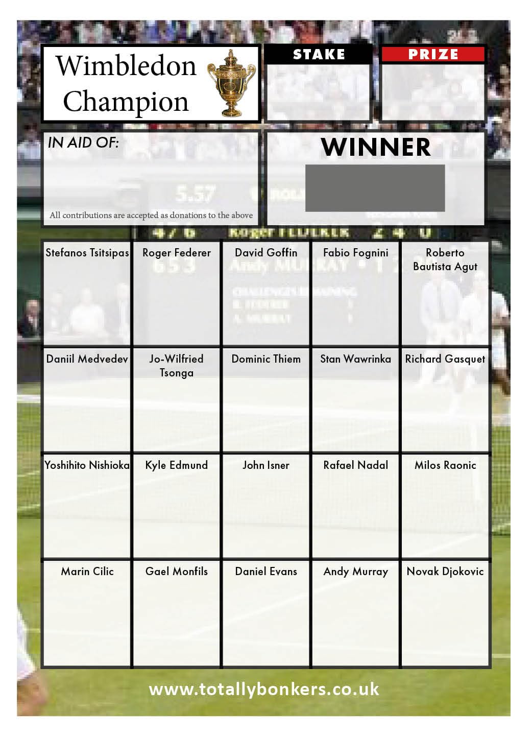 Totally Bonkers - Tennis (Wimbledon) Fundraising Scratch Cards - 20 Square - A6 (148x105mm) - 10 Pack - TB0059 - Blind Card