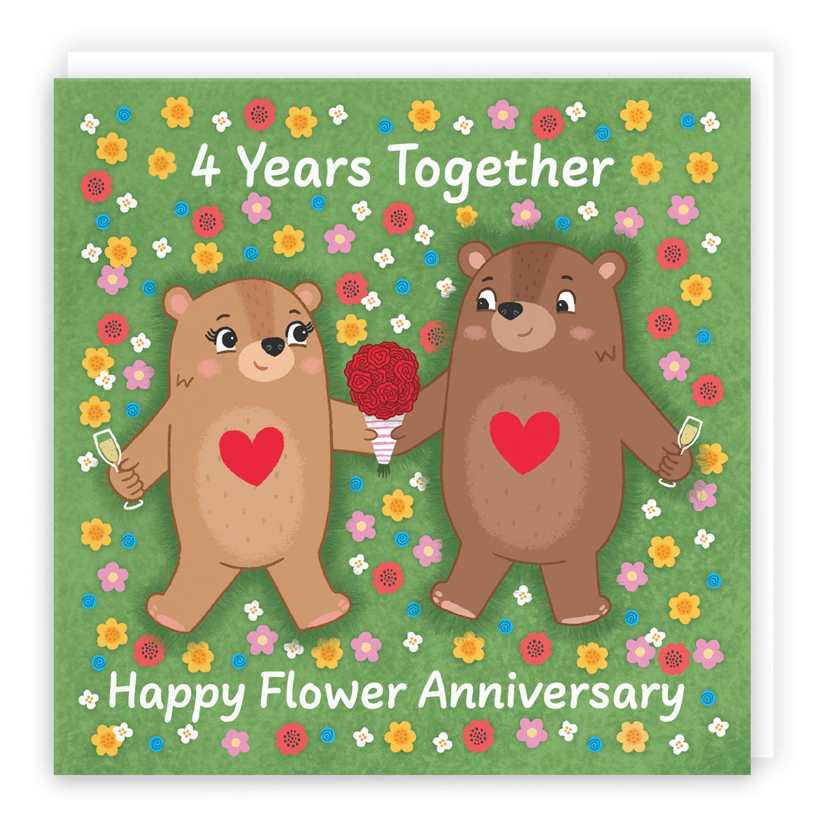 Hunts England - Cute 4th Anniversary Card - Flower Anniversary - Bears - Fourth Anniversary - 4 Years - For Him, Her, Couple, Men, Women - Love Story Collection