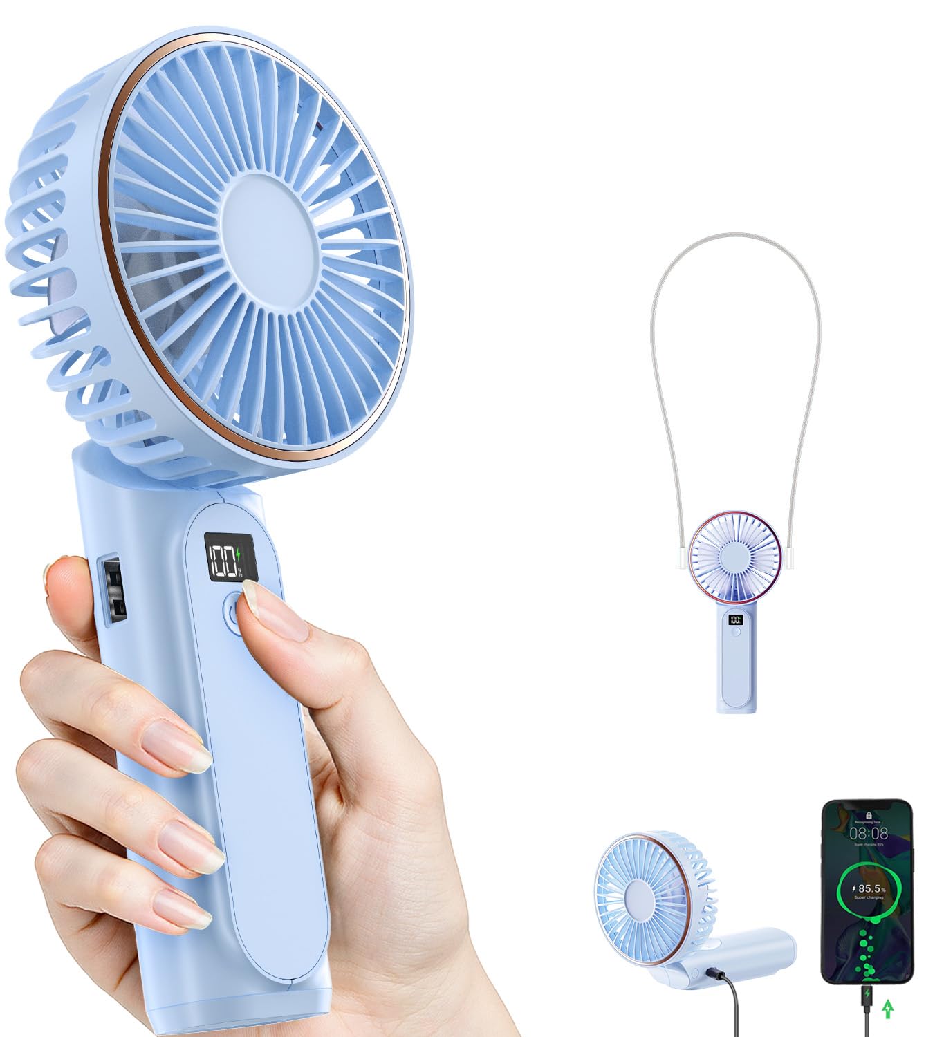 Photo 1 of TUNISE Portable Handheld Fan, Portable Fan Rechargeable, 4000mAh, 180° Adjustable, 6 Speed Wind, Display Electricity in Real Time, USB Rechargeable Foldable Fan, Quiet Personal Fan as Power Bank