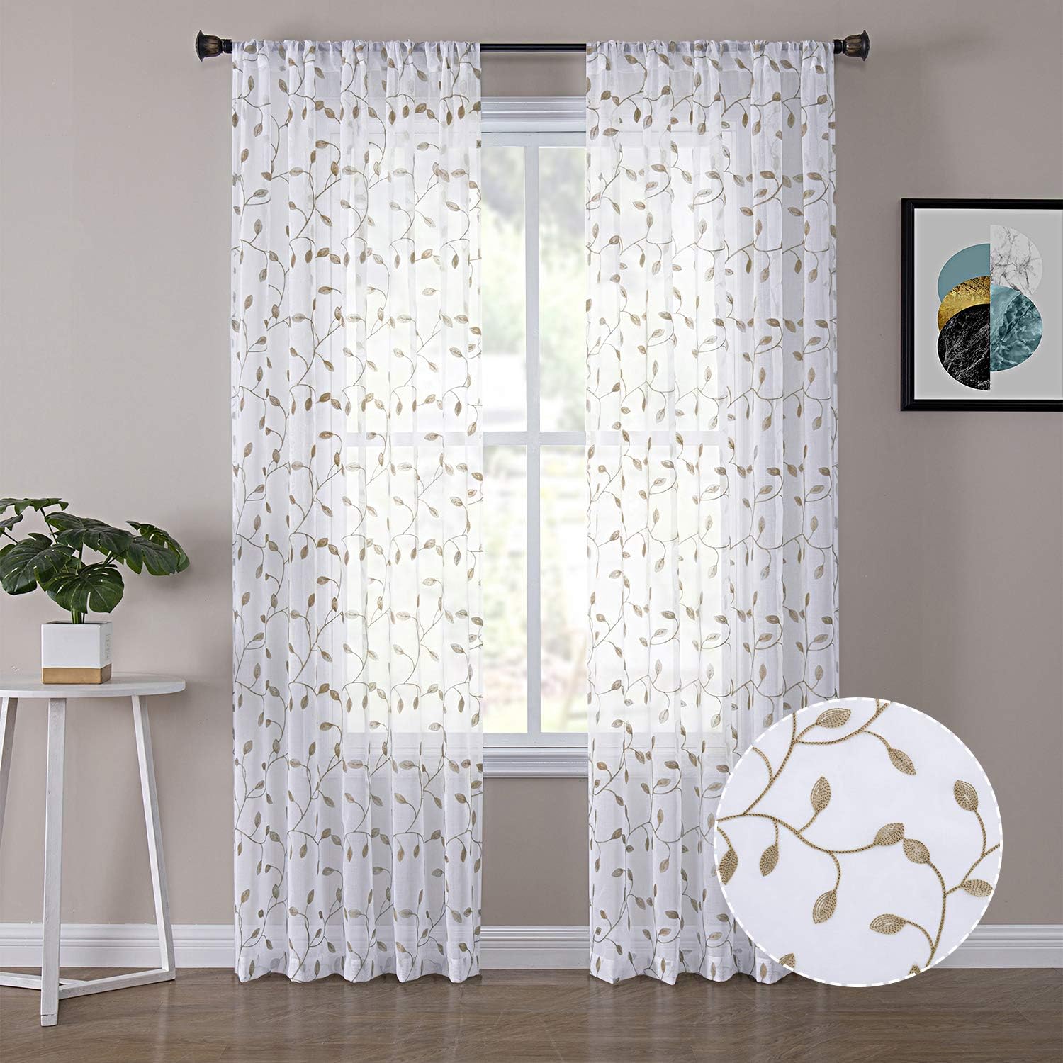 Tollpiz Leaves Sheer Curtains Taupe Leaf Embroidery Living