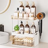 TasticTotes Bathroom Counter Organizer with Hairdryer Holder, 2-Tier 2-Drawer Shower Organizer for Skincare, Makeup Cosmetics, Large Capacity Vanity Organizer, Bathroom Decor, Valentine's Day(Amber)