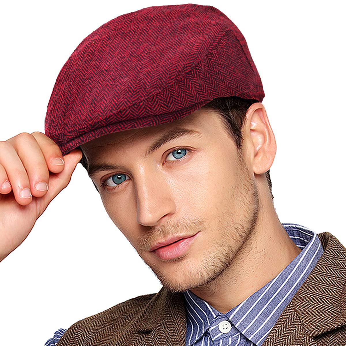 Photo 1 of ** USED** Fashion Herringbone Tweed Flat Cap Winter Hat Men Gift Idea (Red, L/XL, 7 5/8)