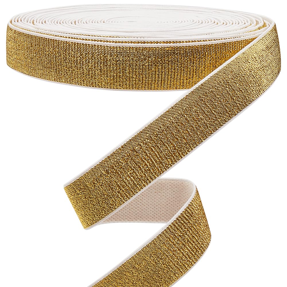 GORGECRAFT 11M Gold Glitter Elastic Bands 2.5cm Wide Metallic Stretch Sewing Band Woven Knit Ribbon Spool Headband for Crafting Waistband Pants Waist Webbing Garment Clothes Accessory