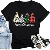 CQF Christmas Shirts for Women Merry Christmas Trees Printed T-Shirt Cute Xmas Holiday Tee Tops