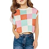 Haloumoning Girls Summer Crop Tops Color Block Vest Cute Tanks Cap Sleeve Tee Loose Kids Knit Top 5-14 Years