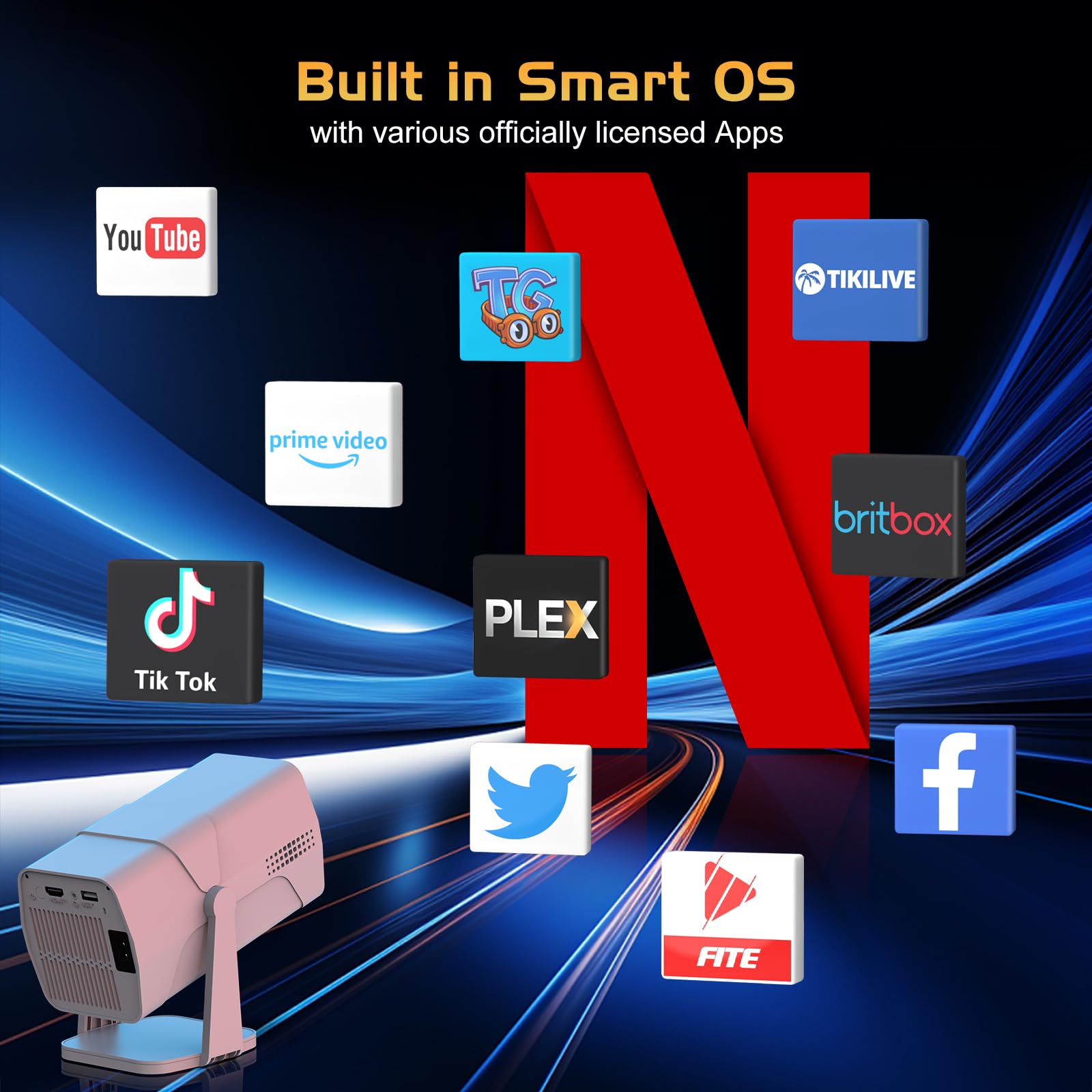 【Netflix Officially Licensed】TMY Projector with Built in Apps, 1080P Movie Projector with WiFi and Bluetooth, Electric Focus & Auto Keystone, 270° Rotatable Outdoor Projector for Phone/PC/HDMI/USB