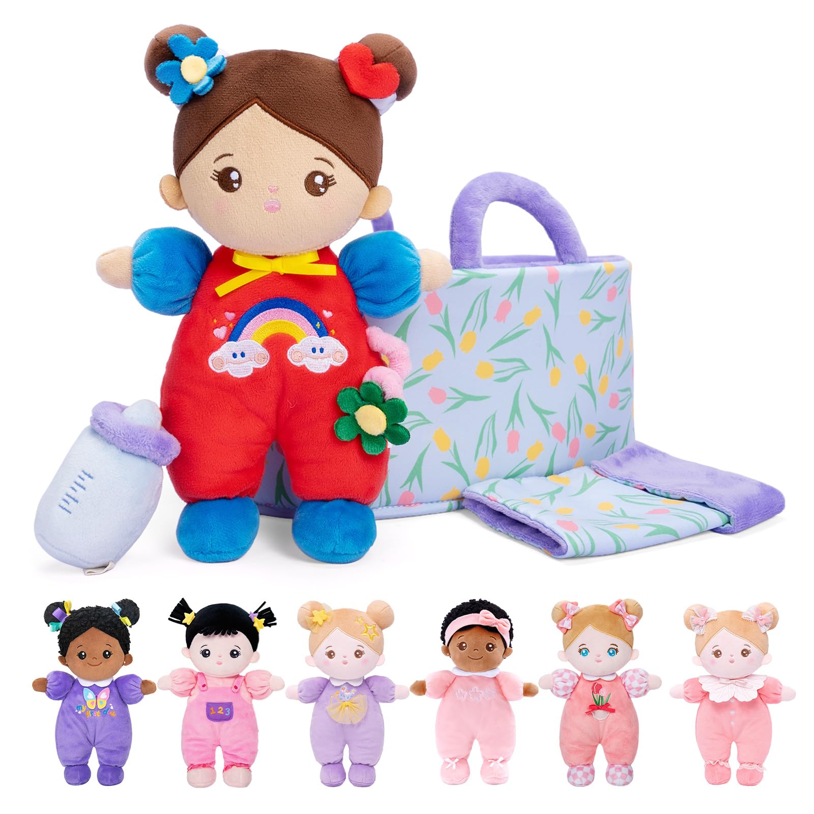 OUOZZZ Baby Soft Doll with Carrying Case and Doll Accessories Purple, 25cm Soft Doll Brown Skin, Cuddly Doll for Children from 3 Months - Baby Gift for Birth Girls Boys — image 1