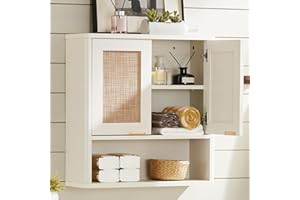 LEYAOYAO Rattan Bathroom Wall Cabinet, Boho Medicine Cabinet with Adjustable Shelve & Doors, Over The Toilet Storage Cabinets Organizer for Laundry Room, Kitchen, Living Room, White