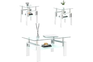 TIOPLY Living Room Tables Set,3 Piece Glass Coffee Table and End Tables Set for Living Room, Coffee Table Set with Tempered Glass Tabletop and Metal Frame for Apartment, Small Space, White