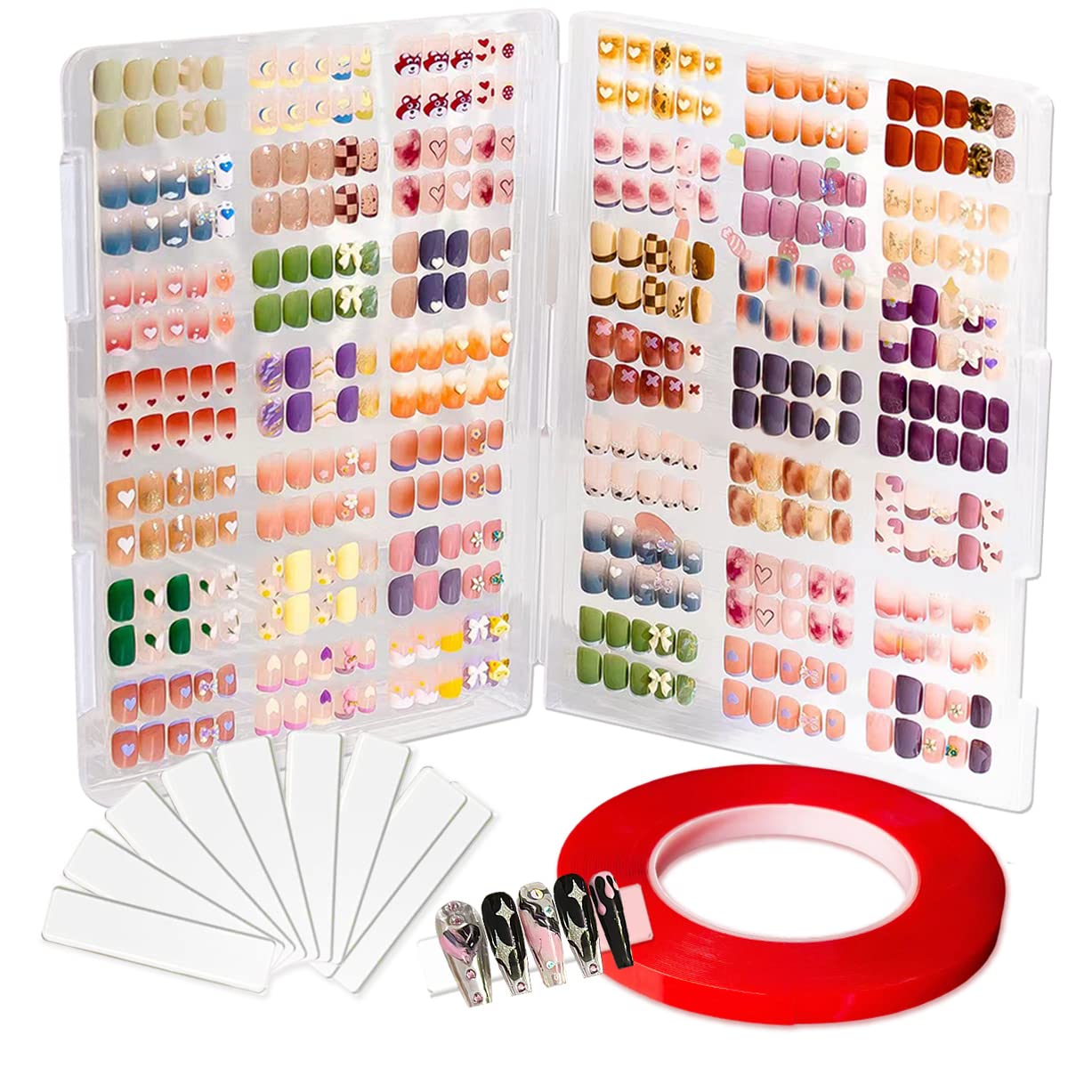 Photo 1 of Large Clear Press on Nails Storage Box, Empty Press on Nails Packaging Box Set with Double-sided Adhesive Tape and 50 Arcylic Nail Display Stand Can Be Used to Store and Store Personal Items