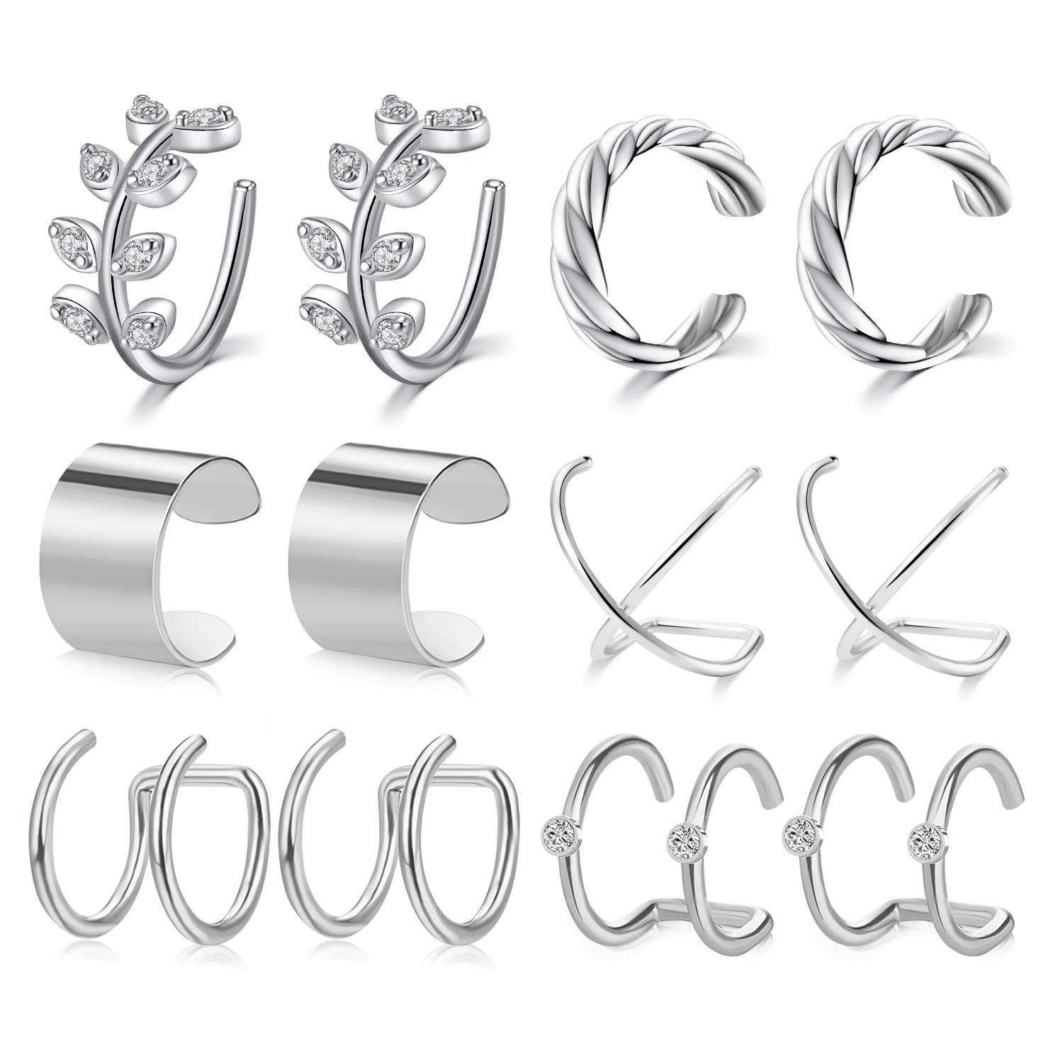 Mayhoop 6 Pairs Stainless Steel Ear Cuffs Clips on Fake Helix Cartilage Earring Non Piercing Fake Nose Lip Ring for Women Men Size Adjustable Silver