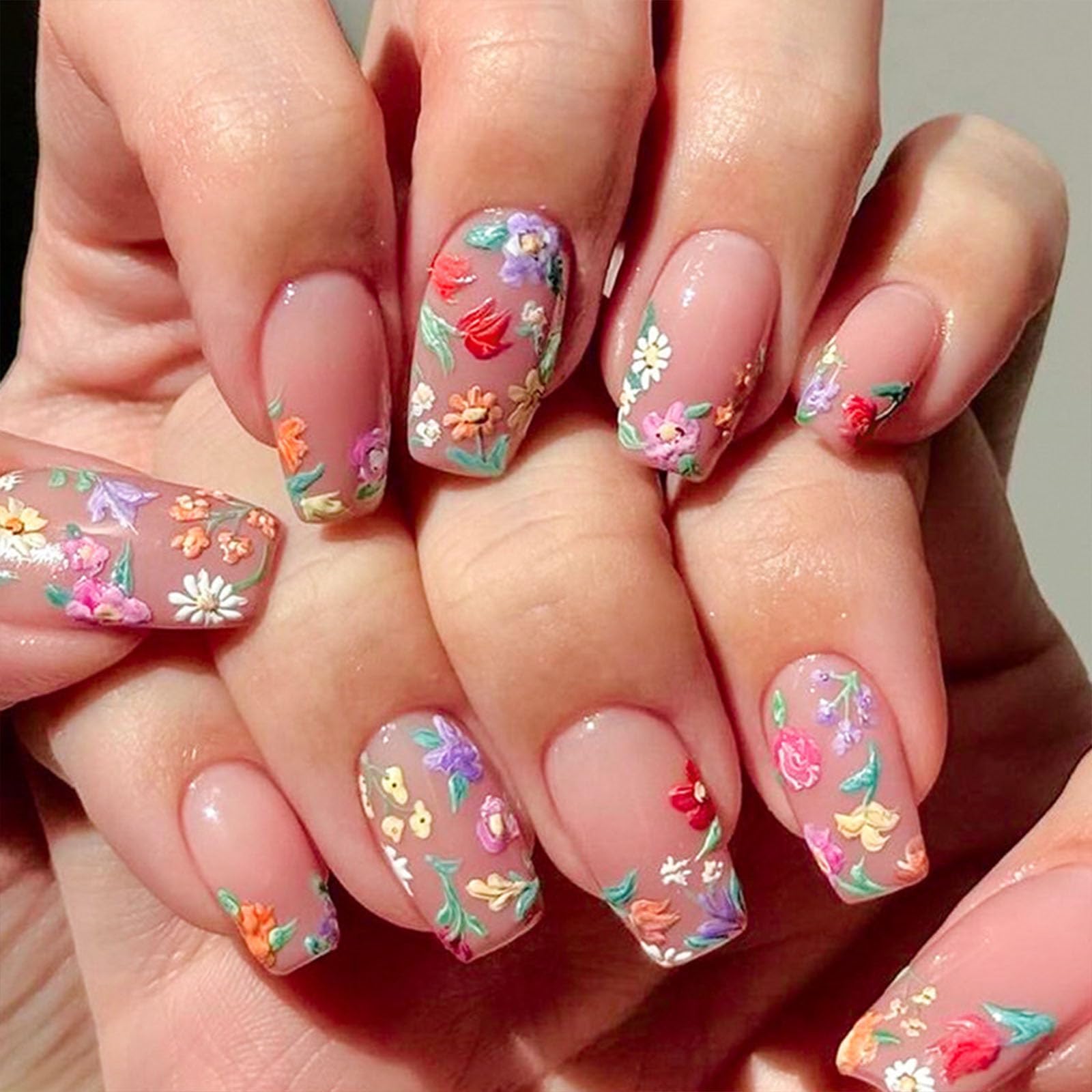 Flower Press on Nails Medium Cute Colorful 3D Flowers Fake Nails Square Acrylic Nails Press ons Colorful Floral Full Cover Glossy Spring and Summer Stick Glue on Nails for Women Girls 24 Pcs - Image 3