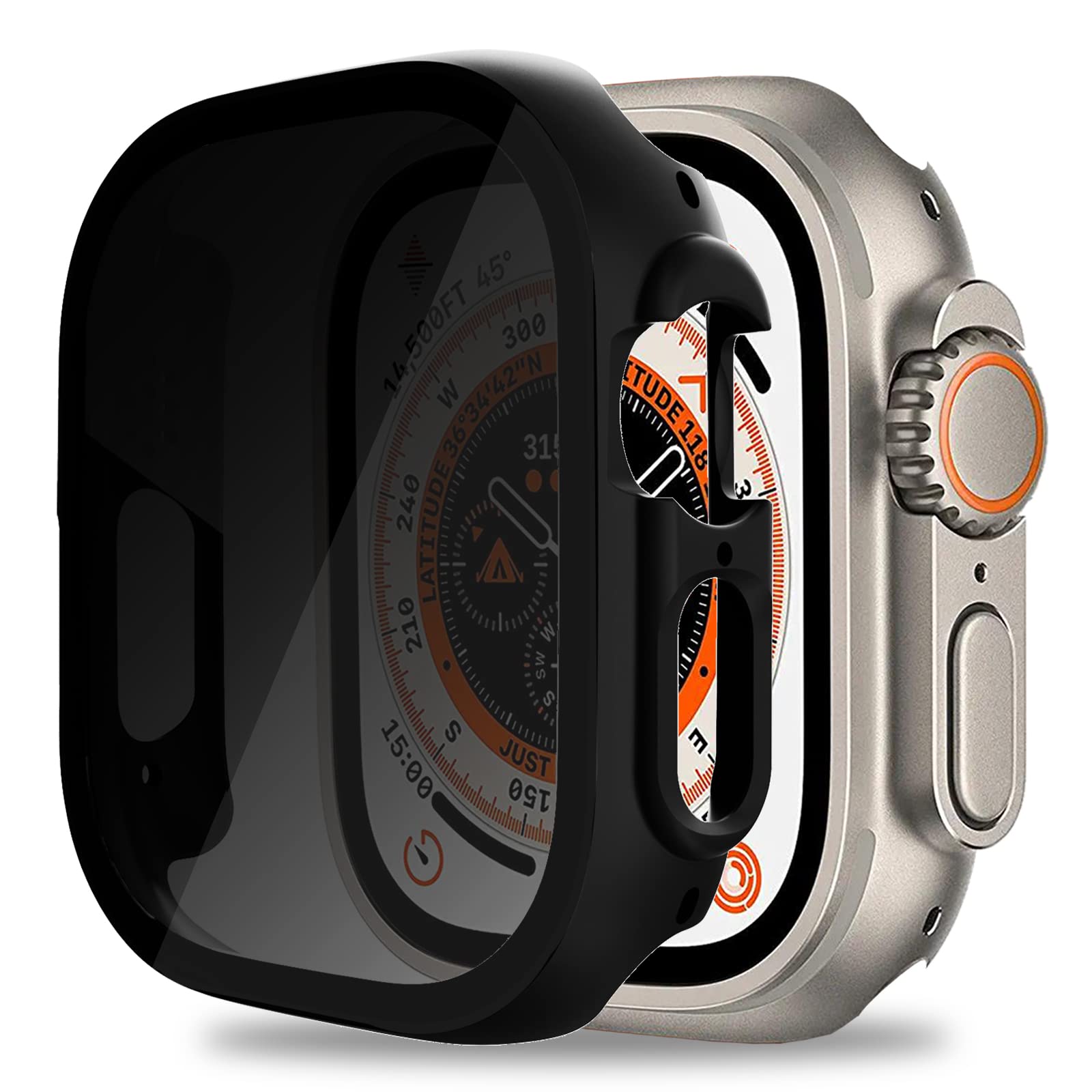 Miimall Case Compatible with Apple Watch Ultra 49mm Privacy Tempered Glass Screen Protector, Anti-Spy Shockproof Hard PCAll-Around Bumper Case Protective Cover for iWatch Ultra 49mm-Black