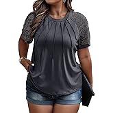 Eytino Plus Size Tops for Women Summer Lace Short Sleeve Crewneck Loose Casual Blouse Tunic T Shirts(1X-5X)