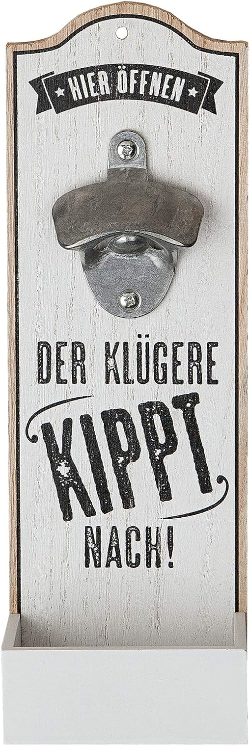 GILDE 1 x Wand-Flaschenöffner Metallöffner Kronkorkensammler Der klügere Kippt nach Höhe 30 cm, Wanddeko, Wandobjekt (weiß (Stückpreis), Holz