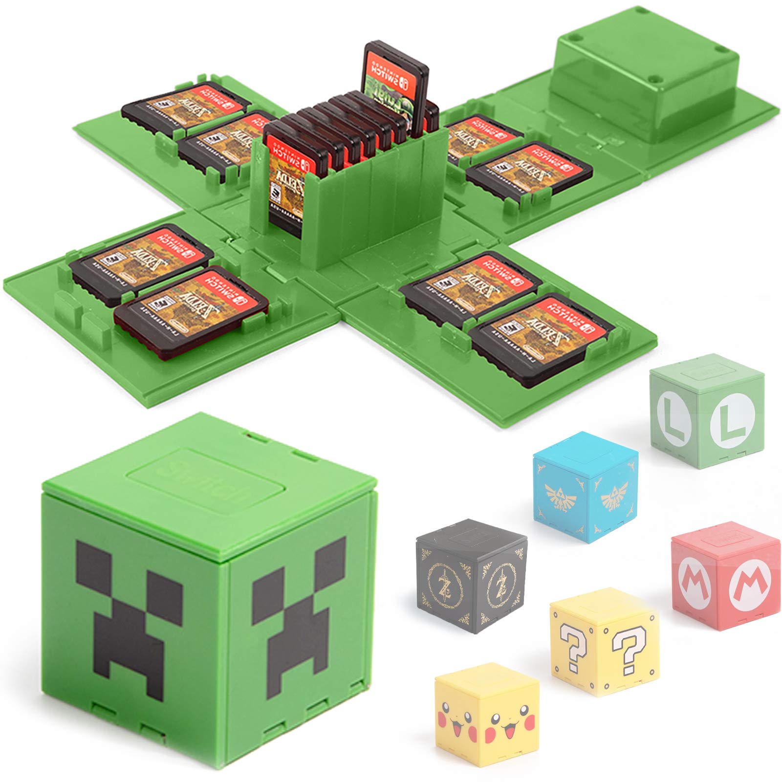 Q-BITC Game Card Case Compatible with Nintendo Switch & OLED Model, 16-Slot Cartridge Holder, Compact Travel Storage Organizer, Cube Design Hard Shell (M Green)