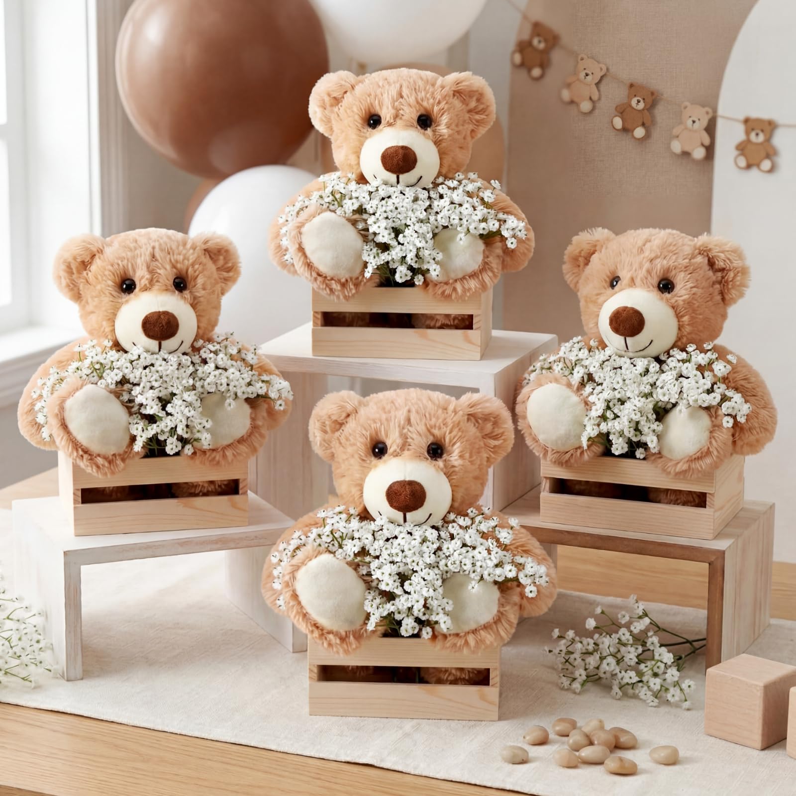 Photo 1 of Amyhill 4 Sets Bear Baby Shower Centerpieces Baby Shower Table Decorations with Bears Wooden Crates Bamboo Baskets Artificial Flowers for Birthday Wedding Gender Reveal Party(Classic)