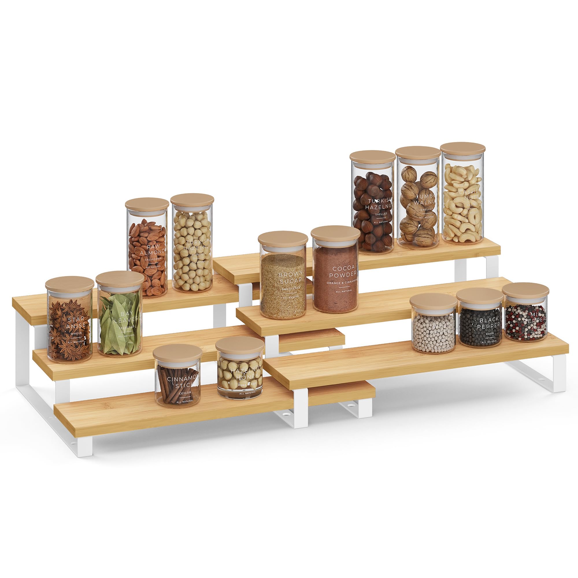 SONGMICS Spice Rack, Set of 2 Cabinet Shelf Organisers, 3-Tier Extendable Spice Holder, Engineered Wood, Stackable, for Pantry, Cupboard, Countertop, Natural Beige and Cloud White KCS016N02