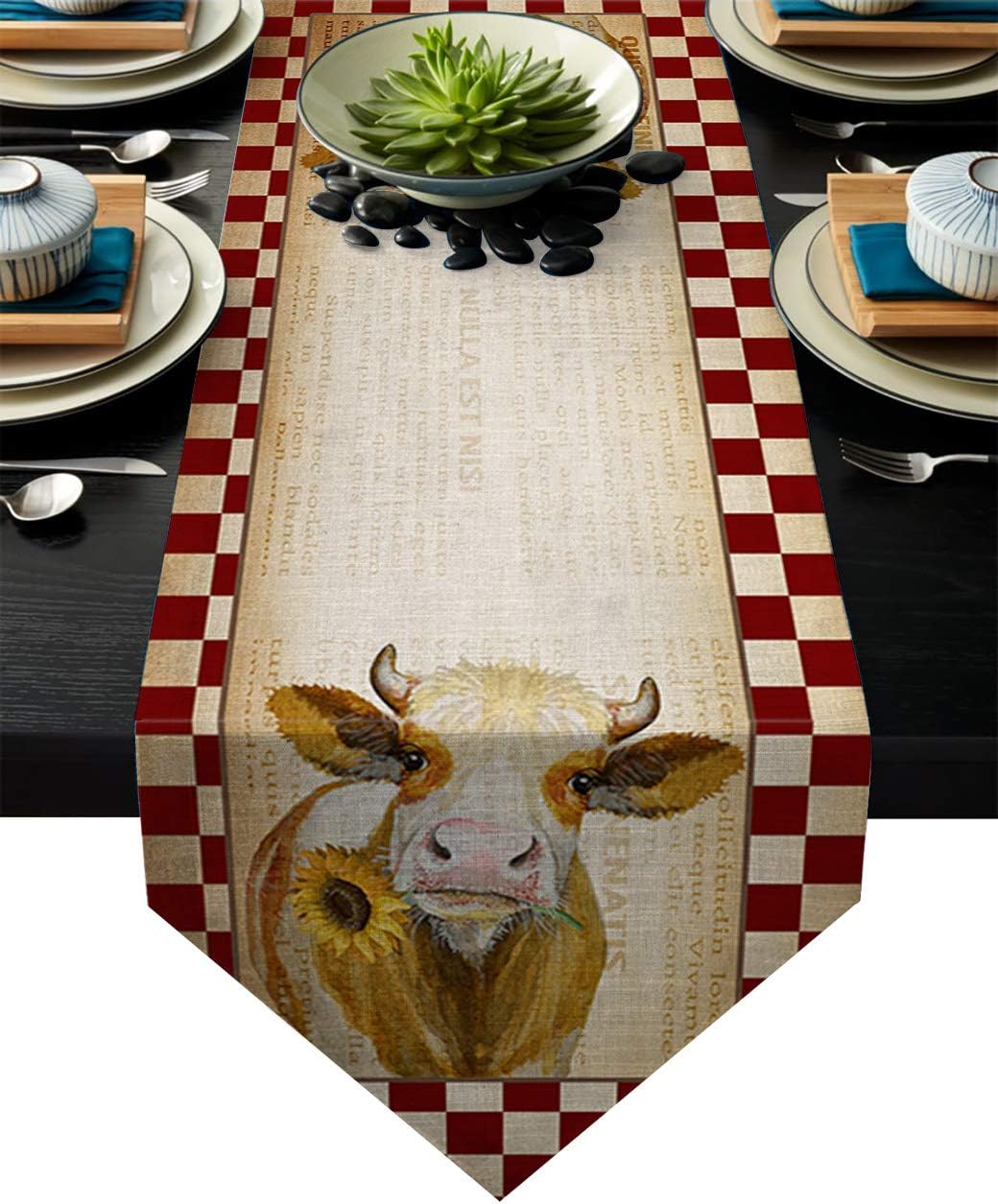 Table Runner Farmhouse Animals Cattle with Sunflower on Checkered Background Table Runners for Catering Events, Dinner Parties, Wedding, Indoor and Outdoor Parties, 13 x 90 Inch
