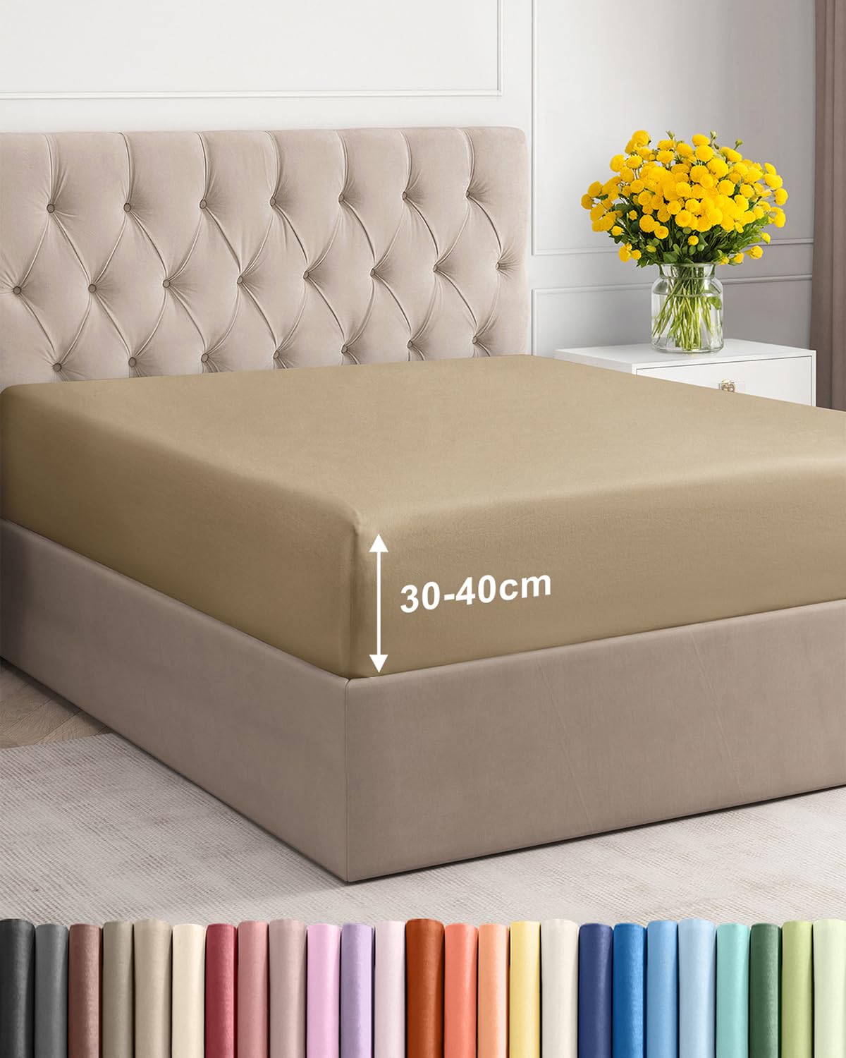 Double Fitted Bed Sheet 135x190x40 cm – Extra Deep Fitted Sheet for Mattresses up to 40 cm (16") – Soft Brushed Microfiber – Wrinkle, Shrinkage & Fade Resistant – OEKO-TEX – Cream - Bottom Sheet — image 1