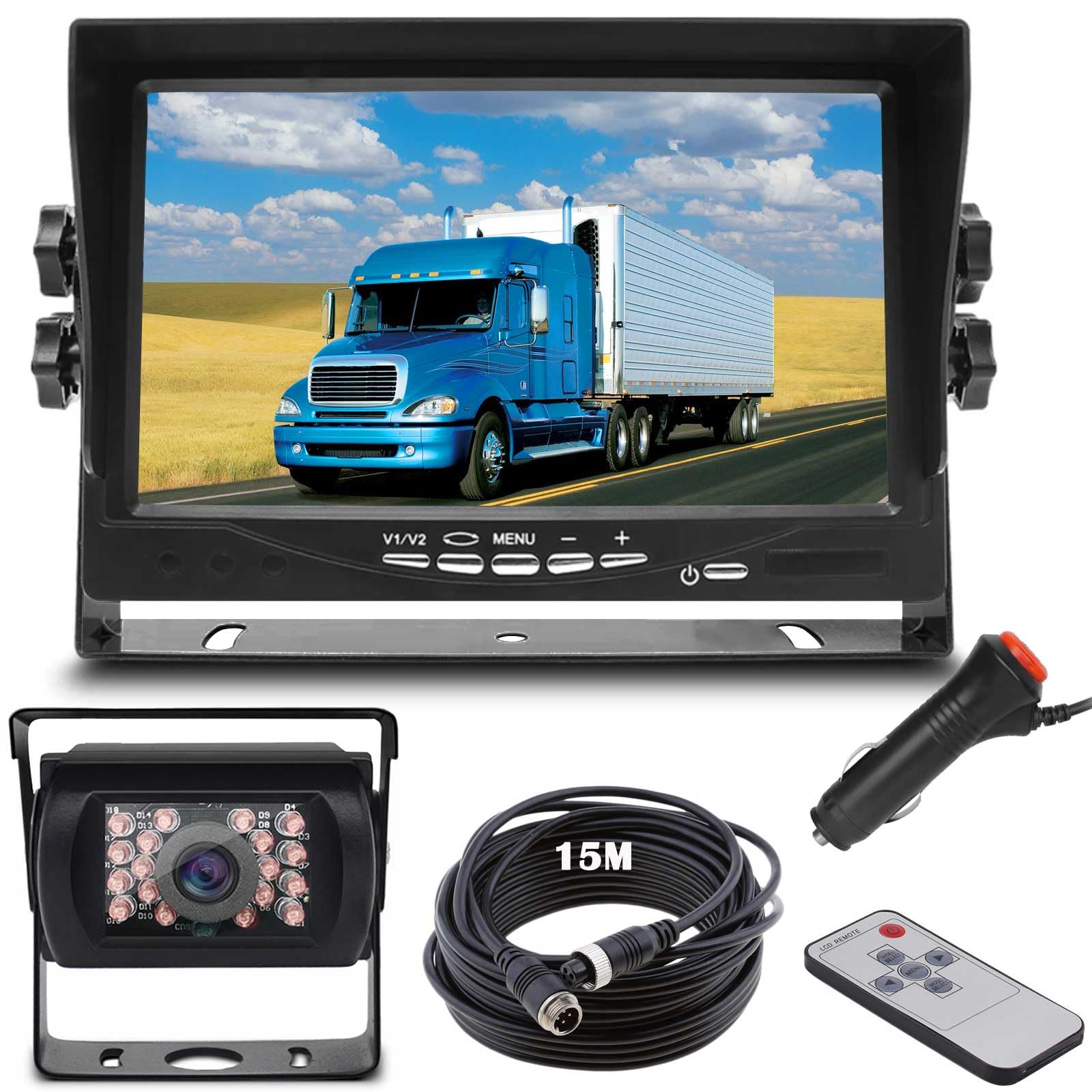 DC 12-24V Vehicle Backup Camera Monitor System, Waterproof 18LEDs Night Vision Reversing Reverse Rear View Camera with 15M 4 Pin Aviation Cable +7" TFT LCD Car Monitor for Large Truck Bus RV Trailer