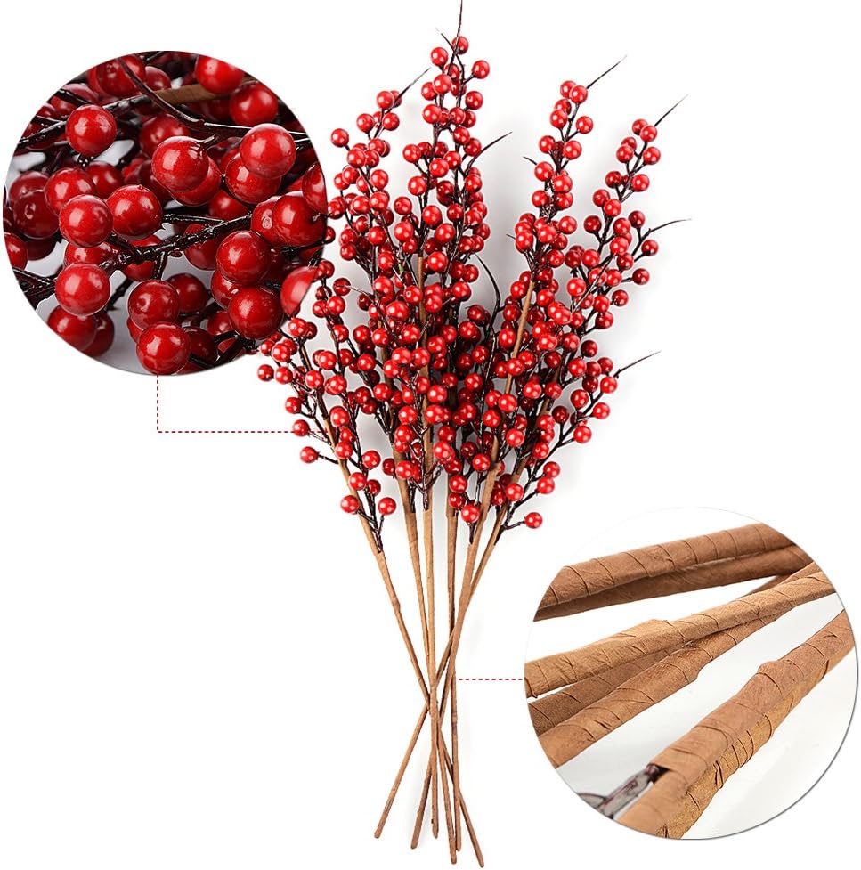 AHZZY Artificial Berry Stems, 22" Long 10 Pack Christmas Red Berries Artificial Fruit Berry Holly Flower Branch for Home Holiday Wedding Party DIY Christmas Tree Crafts Decor