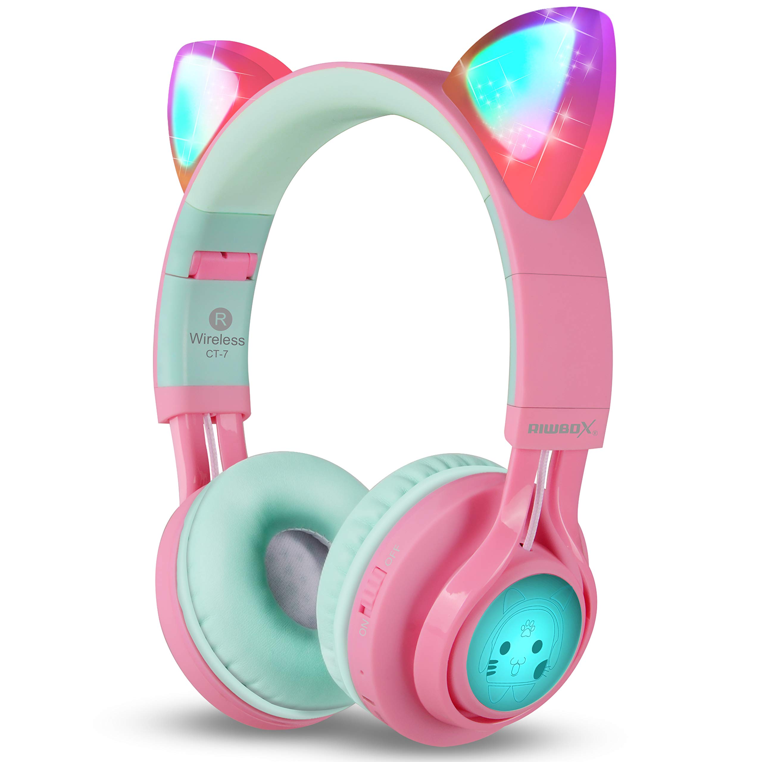 Riwbox Bluetooth Headphones, CT-7 Cat Ear LED Light Up Wireless Foldable Headphones Over Ear with Microphone and Volume Control for iPhone/iPad/Smartphones/Laptop/PC/TV