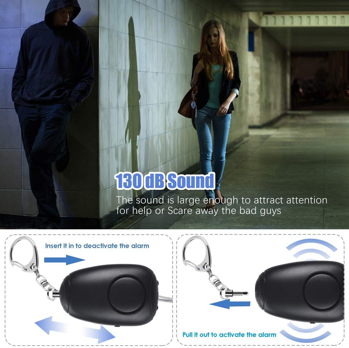 (Upgraded New Version) Safe Sound Personal Alarm, Rechargeable Emergency 130db Security Alarm Keychain Siren Song with 2 LED Lights, for Women, Men, Children, Elderly (3 Pack), Black