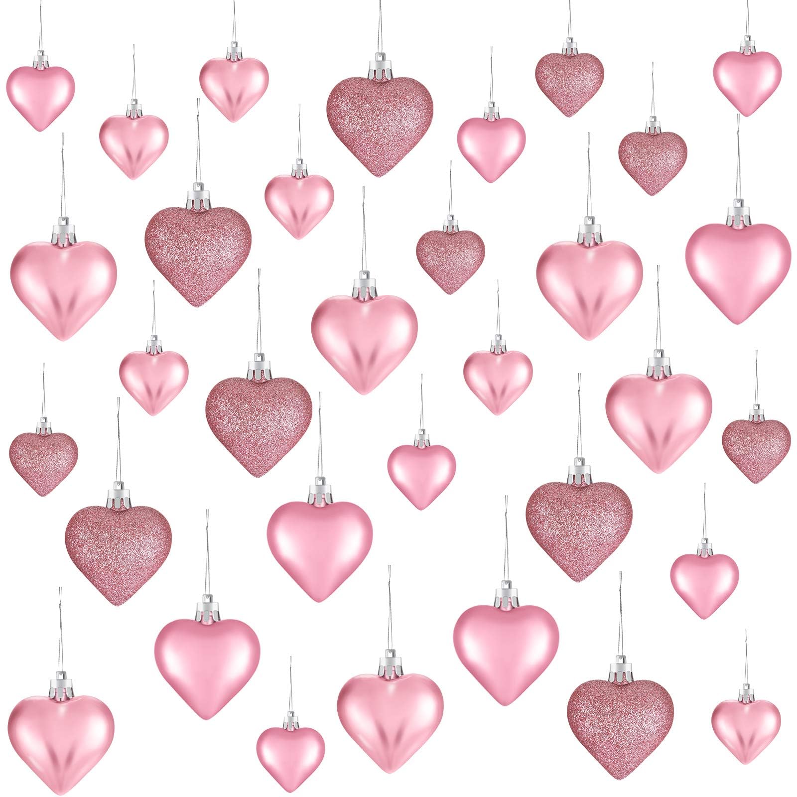Valentine's Day Heart Ornaments, 3 Heart Baubles Heart Shaped Christmas Tree Baubles Heart Hanging Decorations for Valentine's Day Wedding Anniversary, 2 Sizes (Pink, 30)