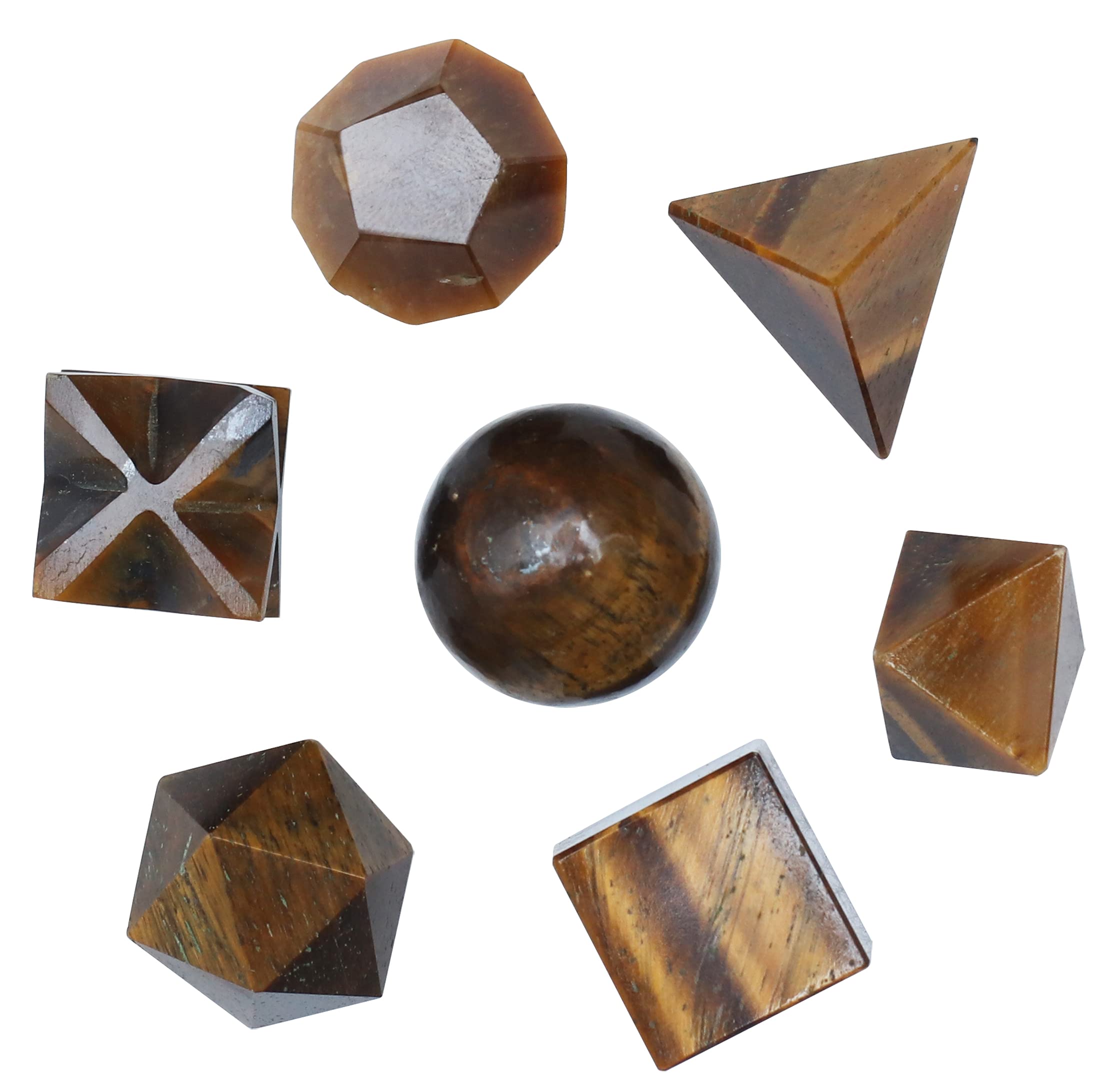 Crocon® Tiger Eye 7Pcs platonic solids crystal geometry set, Platonic Solids Sacred Geometric stones for Meditation Reiki Balancing Healing Chakra Stone Cleansing Spiritual Good Luck (15-20 mm)