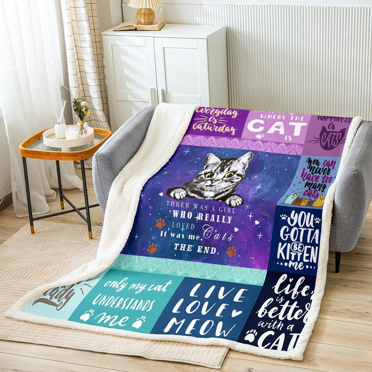 Homemissing Cat Sherpa Blanket Cats Print Fleece Throw Blanket for Kids Boys Girls Decor Cute Kitten Plush Blanket Animal Plaid Grid Purple Fuzzy Blanket Bedroom Single 50x60 Inch