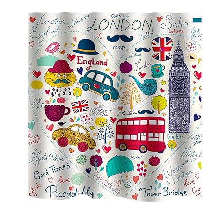 NF&E Home Bathroom Bedroom Door Window Use Extra Long Fabric Bath Shower London Print Pattern Curtain with 12 Hooks