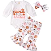 Cemion My First Halloween Baby Girl Outfit Newborn Pumpkin Romper Bell Bottom Pants Headband Outfits Set
