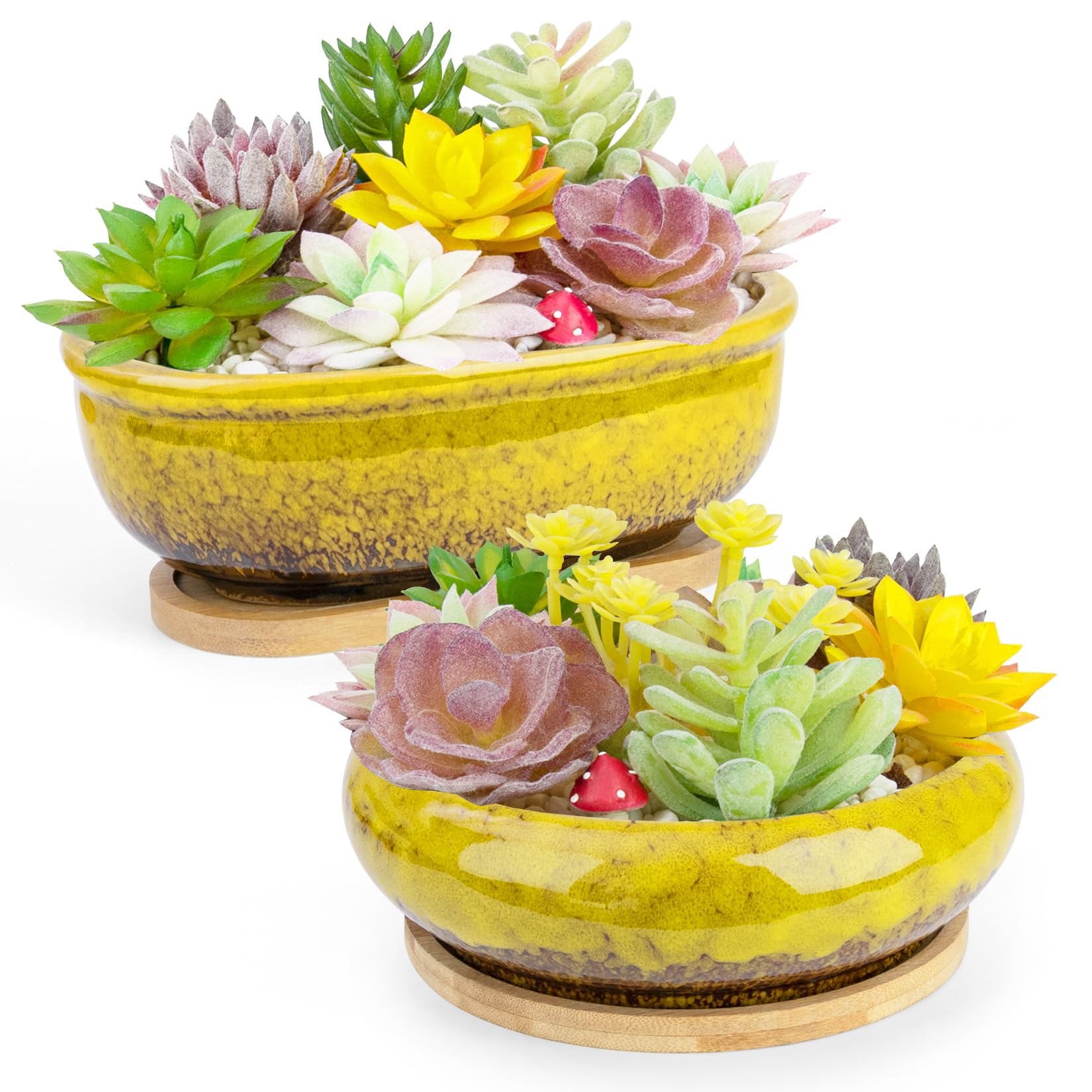 ARTKETTY Succulent Plant Pot - Large Ceramic Bonsai Pot with Drainage Tray, 1 Rectangle Planter + 1 Round Plant Pot for Indoor Cactus Flower Plants Decorative Garden Home