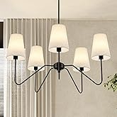 FIYUEOYI 5-Light Modern Chandeliers, Pendant Lights Fixture with Linen Beige Fabric Shade for Living Room Dining Room Bedroom