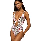 Seamolly Vintage Criss Cross Leopard Floral Backless Plunging Neck One-Piece Swimsuit for Women
