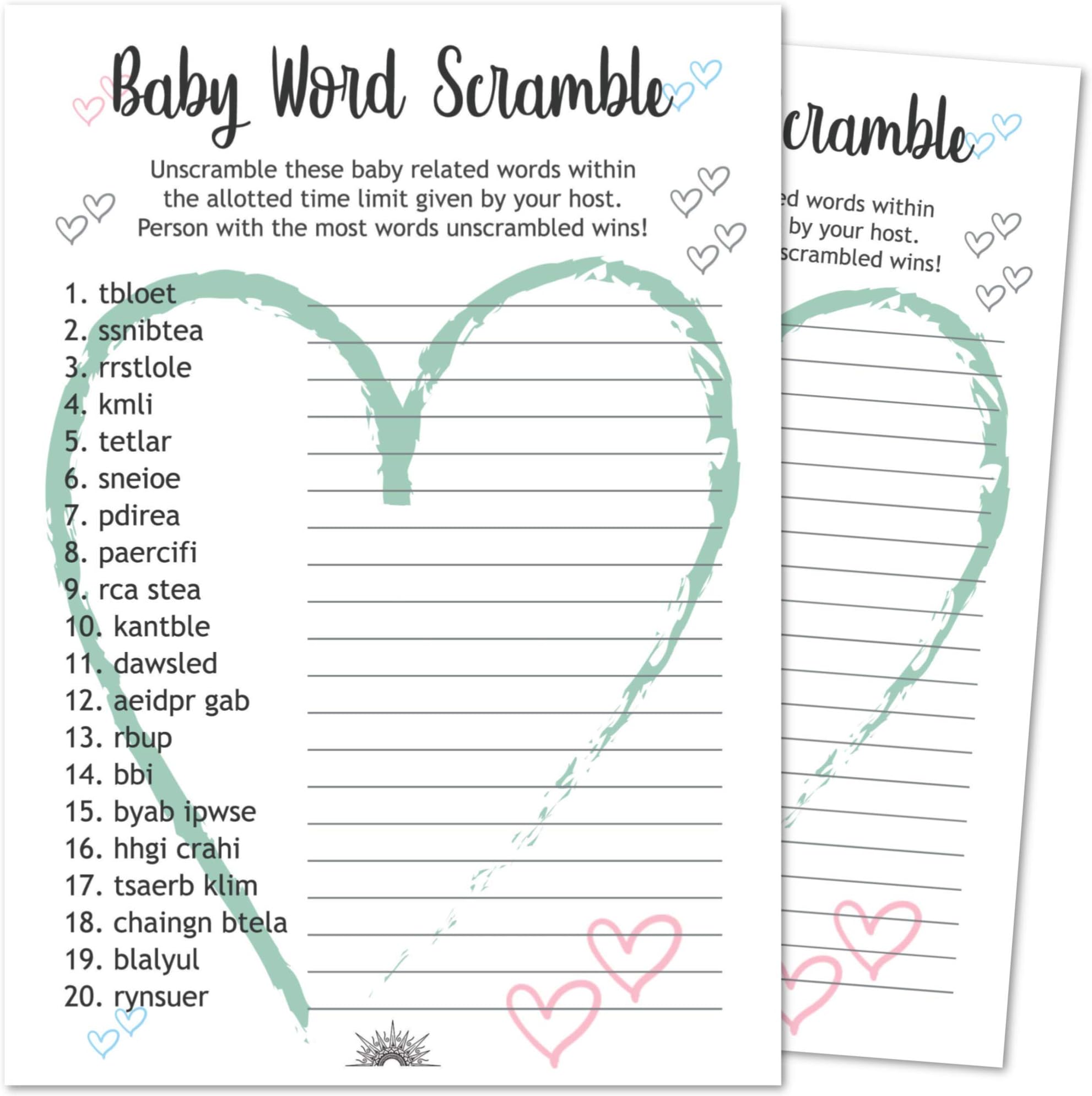 50 Pack Baby Shower Word Scramble Game Cards | Answer Card Included | Fun for Gender Neutral, Gender Reveal, Boy, and Girl Decoration Themes | Perfect for Sprinkles, Prizes, Favors and Decorations