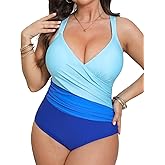 CUPSHE Women's Plus Size Swimsuit One Piece Tummy Control Bathing Suit Crossback Halter Ruched Swimwear, 2X Cyan/Blue