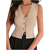 MakeMeChic Women's Metal Floral Sweater Vests V Neck Knit Split Sleeveless Crop Tops