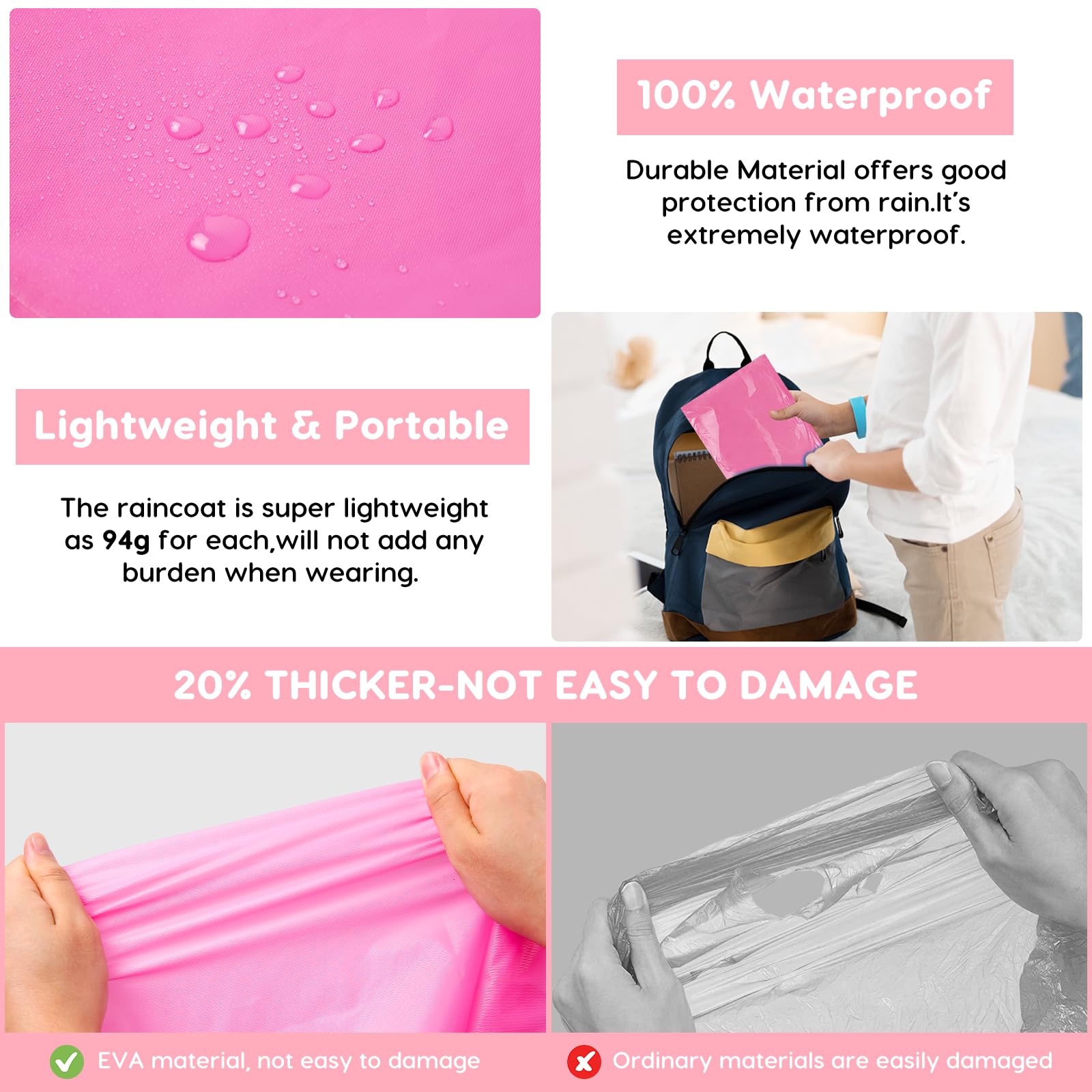 BFONS 2-3 Pack Rain Ponchos for Kids Reusable, EVA Raincoats for Boys Girls with Hood and Sleeves, Waterproof Rain Coat