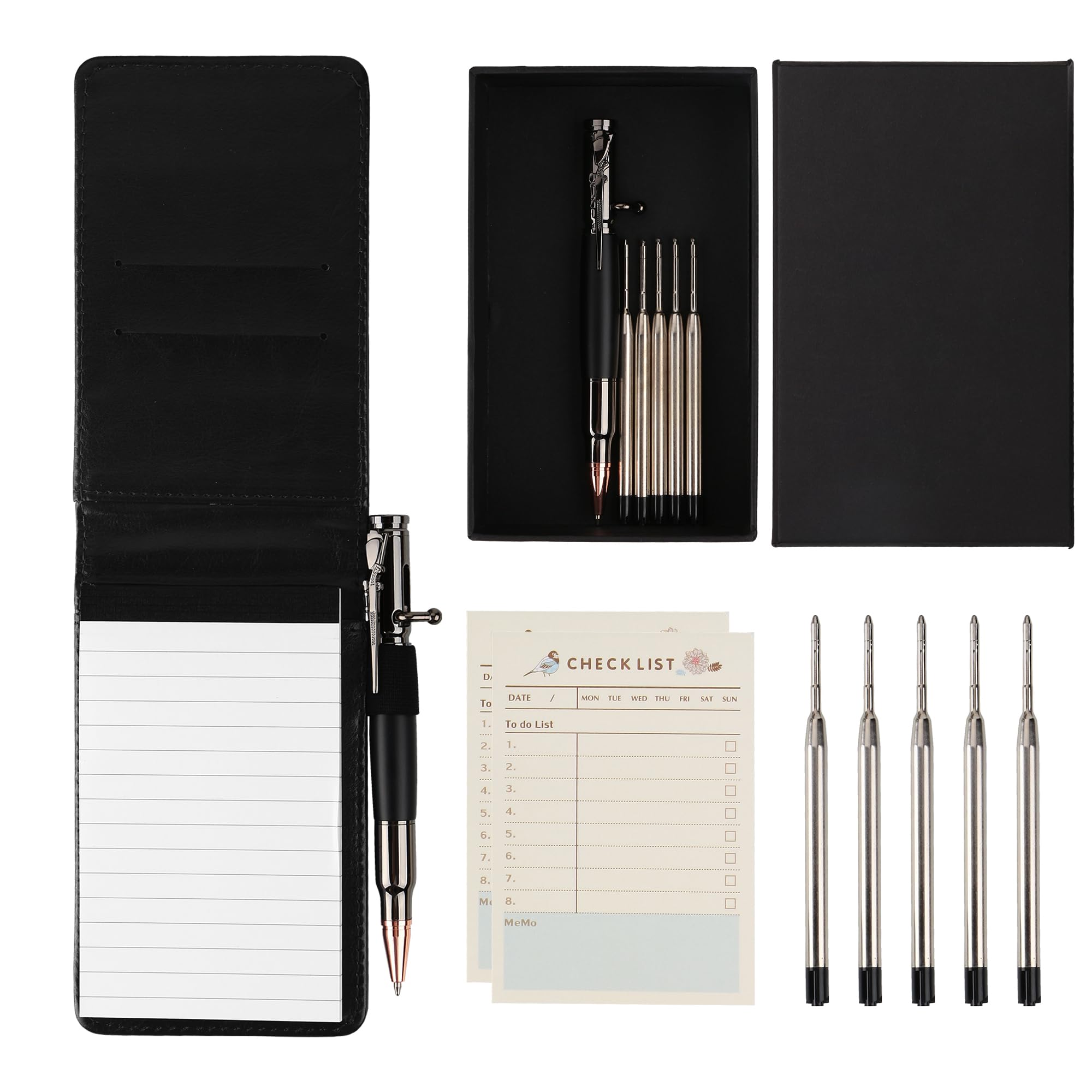 SMOOTHERPRO 9 PCS Mini Notepad Holder Set | Included Weighted Bolt Action Pen with Extra 5 Refills 50 Sheets Memo Book 60 Sheets to Do List 60 Sheets Weekly Schedule | Black(MN135BK)
