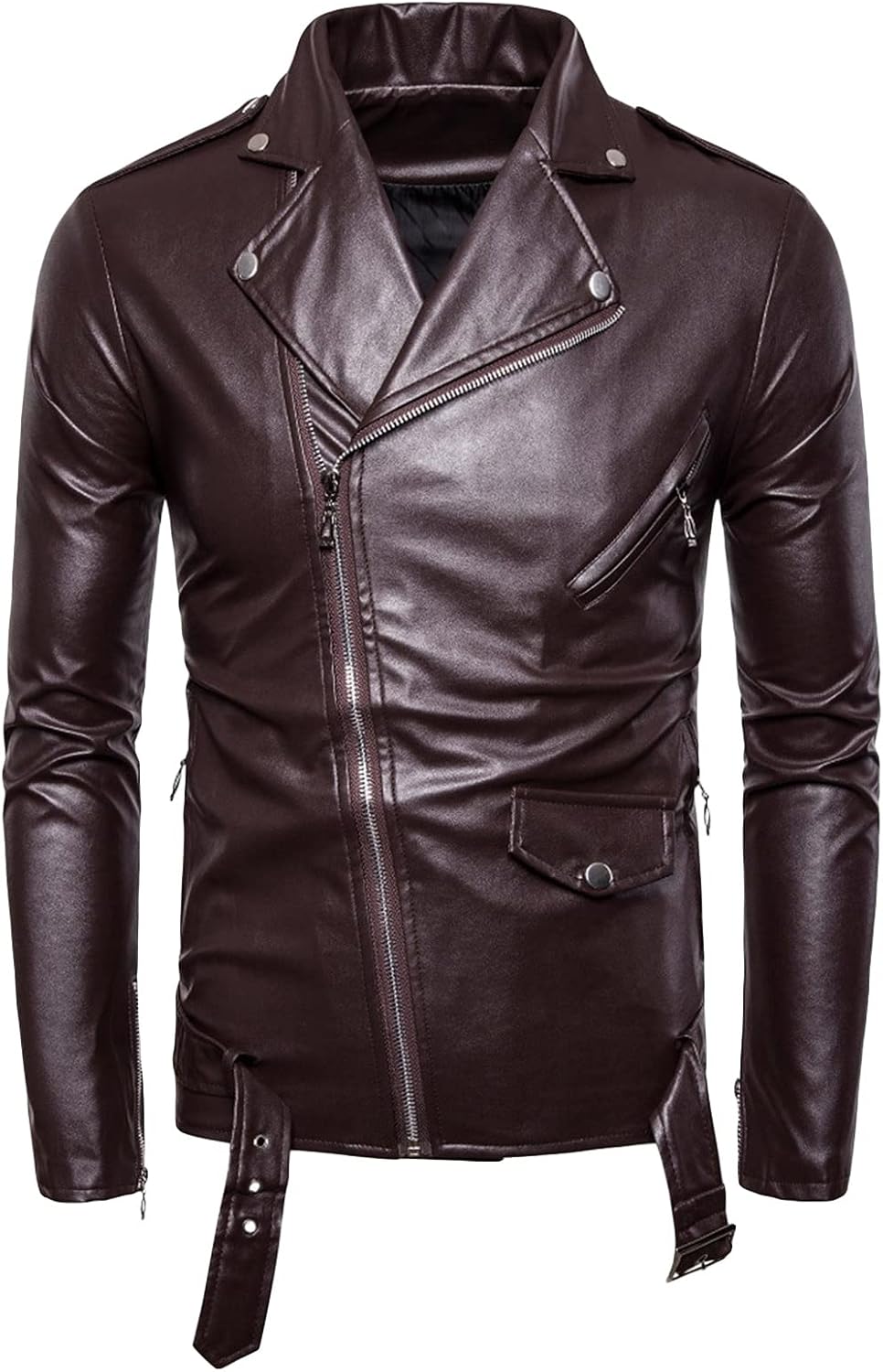 Weathervanes - Maiyifu-GJ Men Faux Leather Motorcycle Jacket Retro Notched Lapel Pu Biker Coat Asymmetric Zipper Slim Outwear Overcoat
