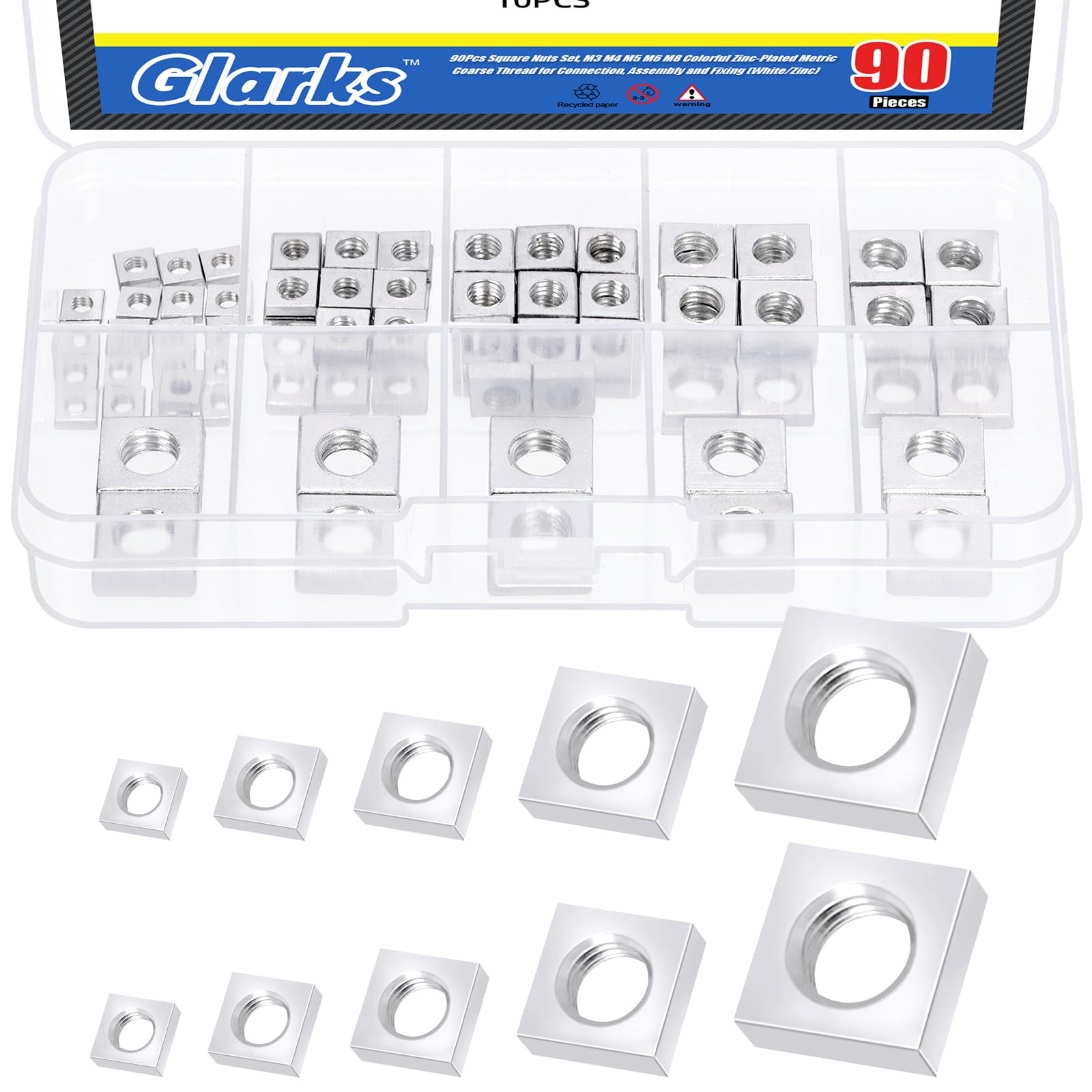 Glarks 90pcs Carbon Steel Square Nut Set M3 M4 M5 M6 M8 White Zinc Plated Square Thin Nut Square Machine Screws Nut Metric Coarse Thread Assortment Kit for Furniture Construction Mechanical Equipment